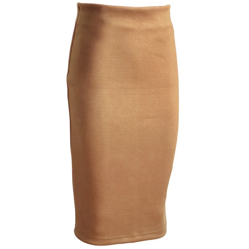 Super Deals Fashion Women Suede Solid Color Pencil Skirt Female Spring Autumn Basic High Waist Bodycon Split Knee Length Skirts - Цвет: Camel