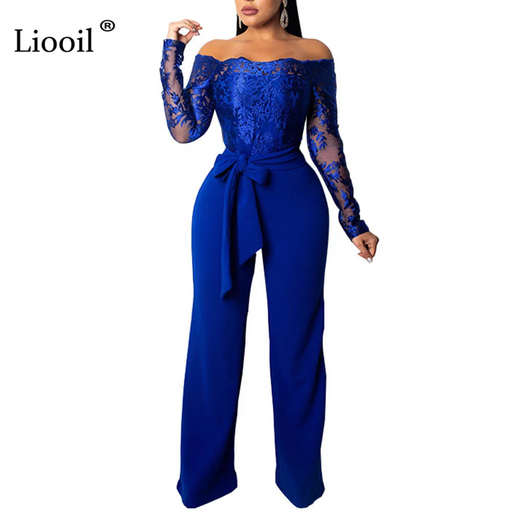 Liooil Sexy Floral Embroidery Jumpsuit Women Autumn Winter Off Shoulder