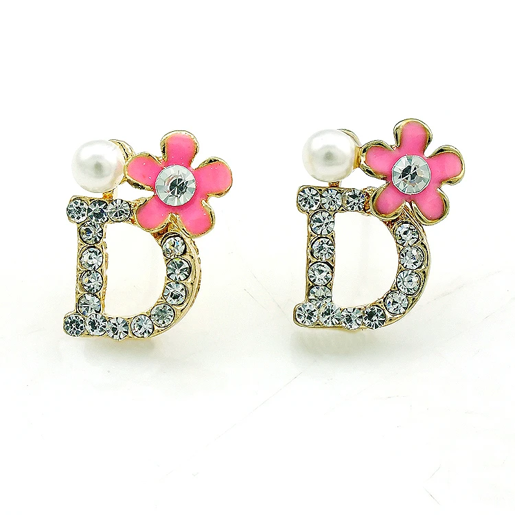 

JINGLANG New Fashion Pink Flower Stud Earrings Gold Color Rhinestone Letter D Pearl Earrings For Women Jewelry Free Shipping