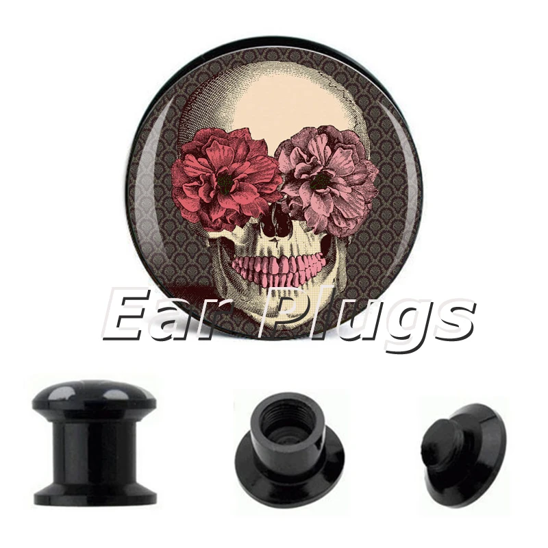 Wholesale retro flowereye skull ear plug gauges flesh tunnel body