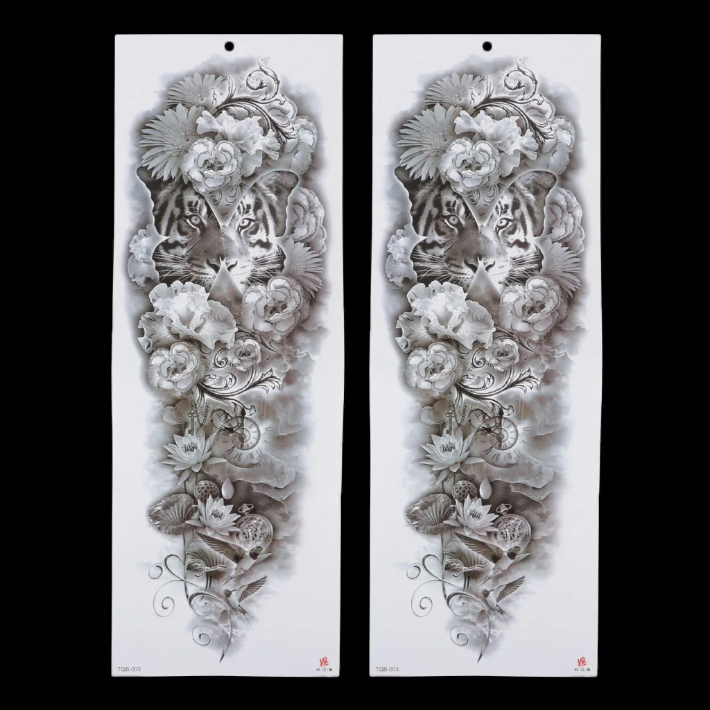 2Pcs Full Arm Waterproof Floral Arm Temporary Tattoos Stickers Tiger Rose Sticker Eyes Clock Tattoo Accessories Set of 2 Sheets