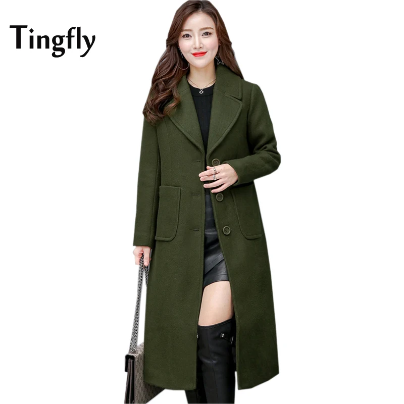 

Tingfly Winter Women Wool Blends Coat Elegant Slim Retro Turn down Collar Single Breasted Woollen blend Overcoat Plus size 4XL
