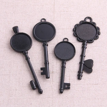 

2pcs 20mm Inner Size Black Plated 4 Style Key Cabochon Base Setting Charms Pendant Necklace Findings