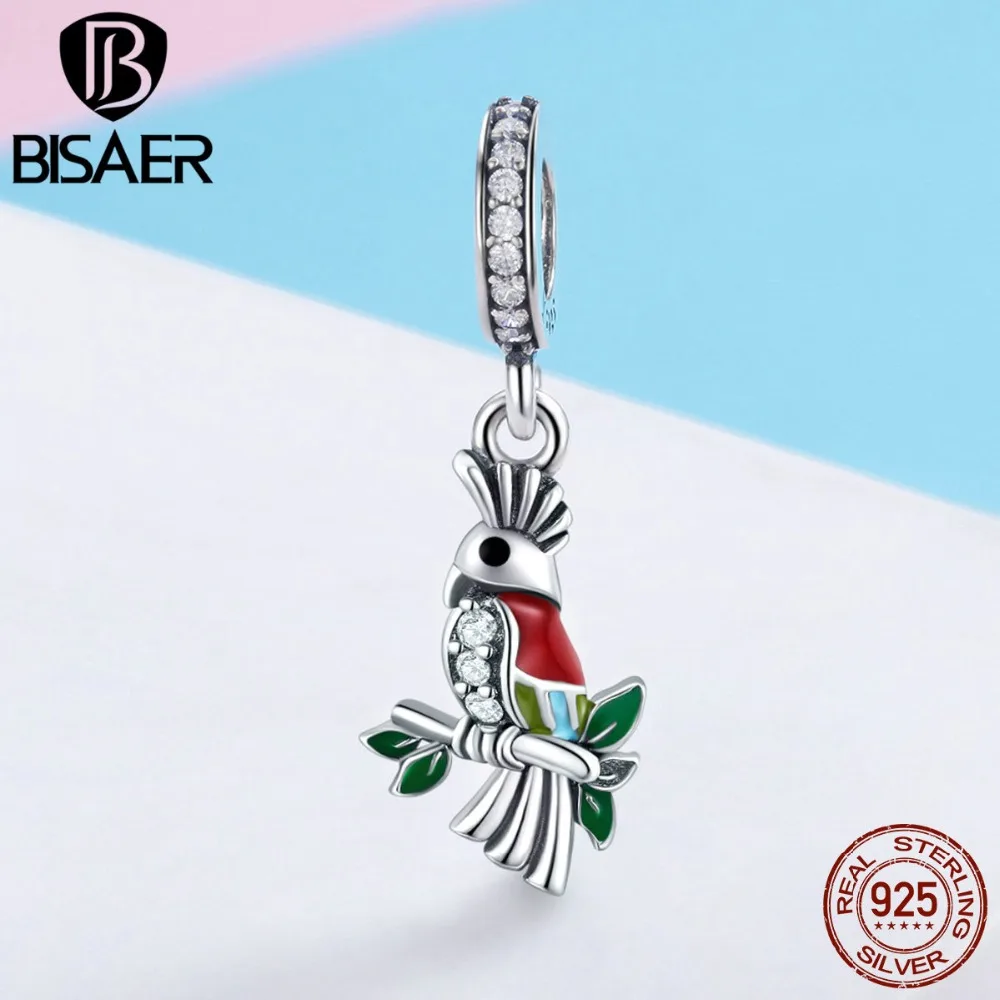 

BISAER Colorful Charms S925 Sterling Silver Vivid Enamel Parrot Pendant fit Necklace & Charms Bracelets Silver Jewelry HSC850