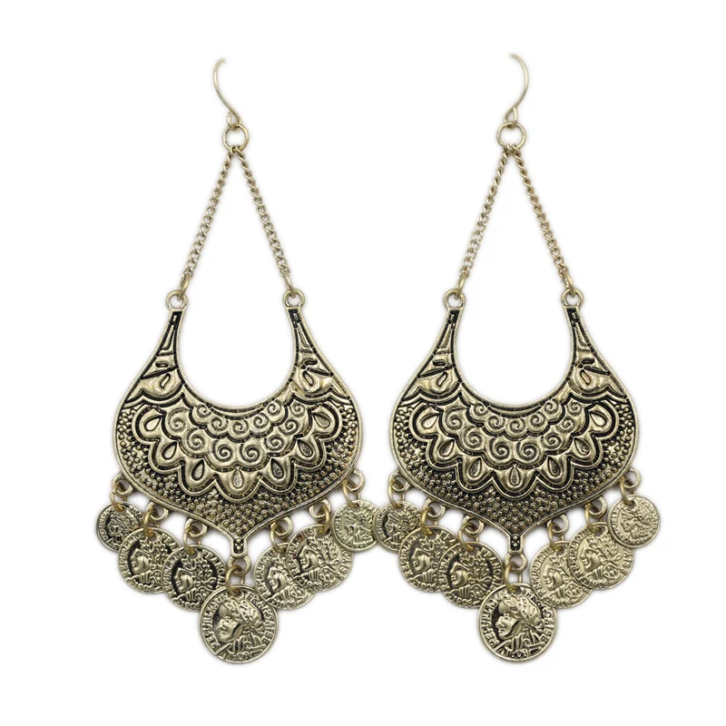 

2019 New Ancient Head Portrait Coins Tassel Ethnic Antique Brass Alloy Drop Earring Pendant Women Earrings Allergy Free Jewelry