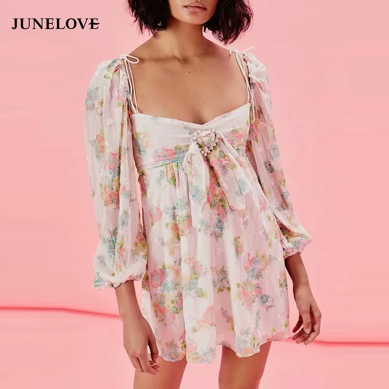 

JuneLove Women Bow Sexy Boho Dress Vintage Hollow Out Female Print Floral Mini Dress Casual Holiday Lady Square Collar Dress