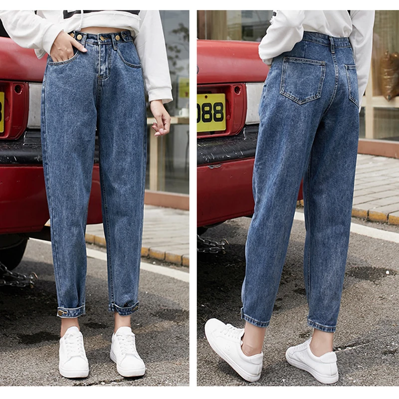 

Button Boyfriend Jeans for Women Loose Cropped Vintage High Waist Denim Trousers Harem Jean Femme Nine Point Pant Dad Jeans