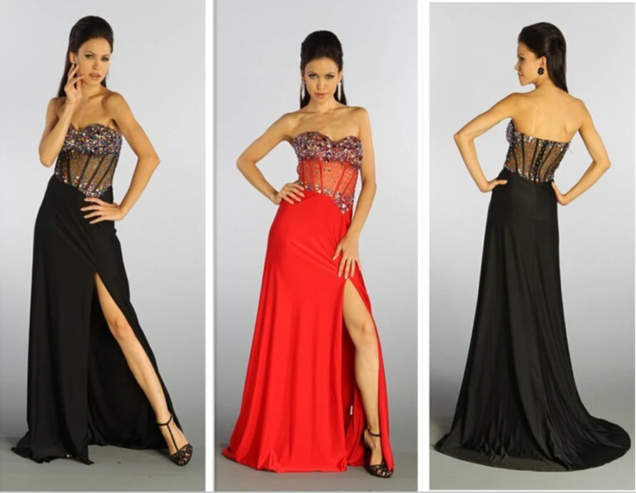 

free shipping 2014 high split dress nude beaded dress vestidos formales long ball gowns crystal black sexy red prom dresses