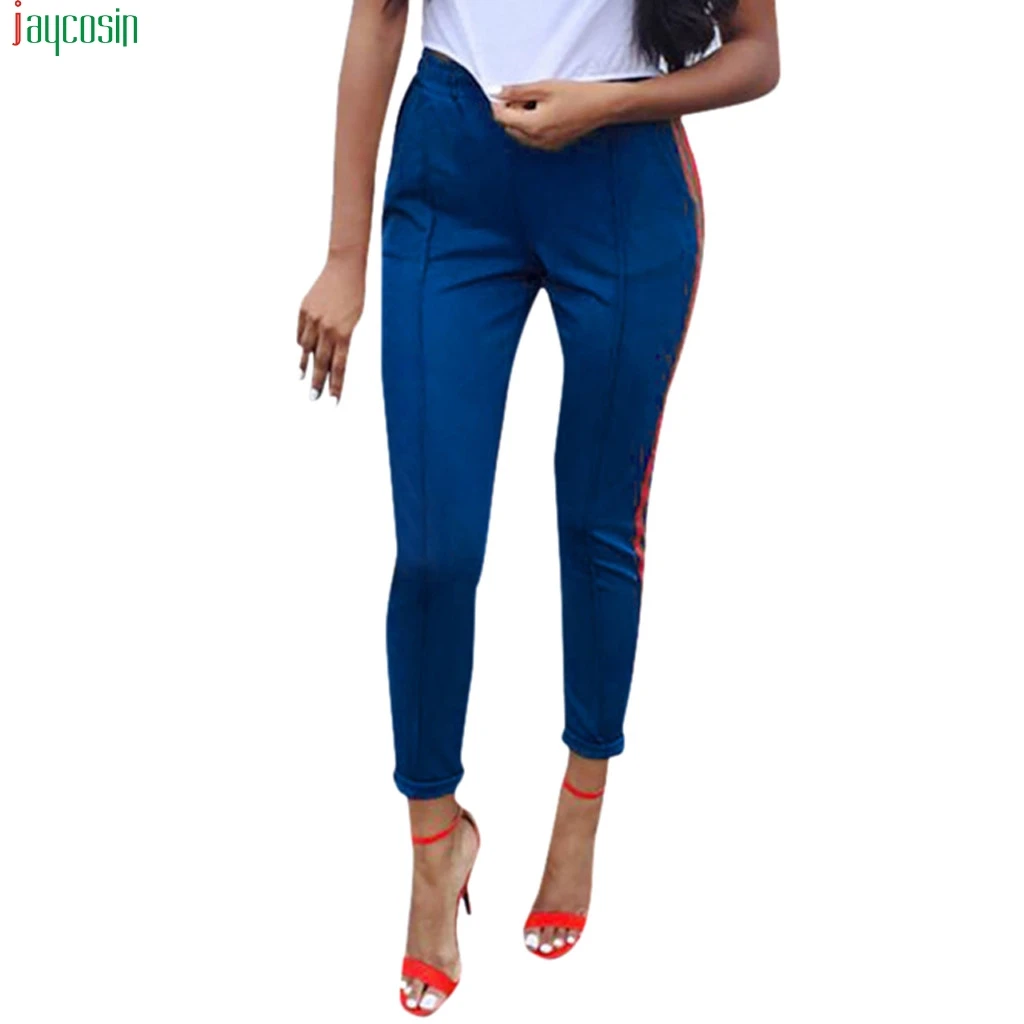 

JAYCOSIN fashion Pants Women Skinny Elastic Waist Stretchy Pencil Pants Ladies Side Striped Casual Trousers female joggers 2019