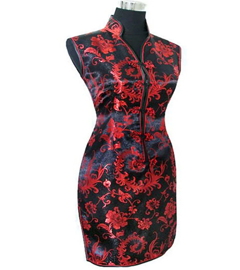 

Black-Red Spring Chinese Women's Satin V-Neck Mini Cheongsam Qipao Dress Flower Size S M L XL XXL XXXL JY012-6