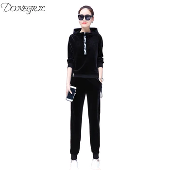 

Gold velvet suit female 2019 autumn winter new fashion long-sleeved sweater leisure sports loose two-piece