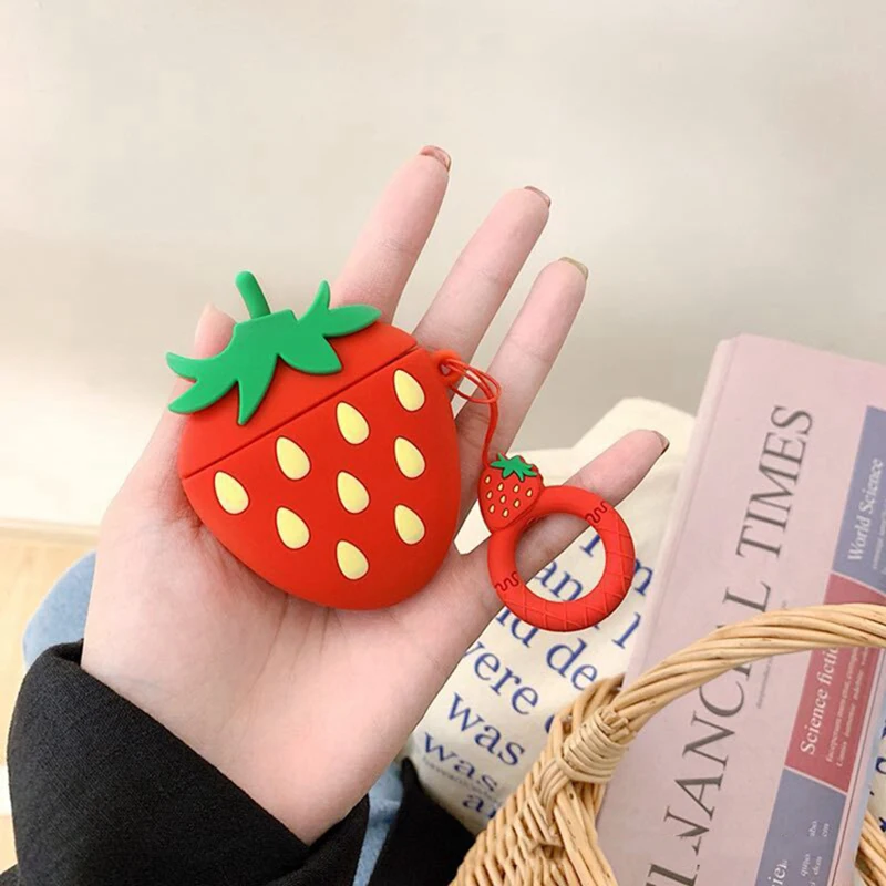 Case For Apple AirPods 2 1 Earphone Soft TPU Case For Apple Air Pods 1 2 Cute Cartoon Strawberry Avocado Peach Cover With Hooks