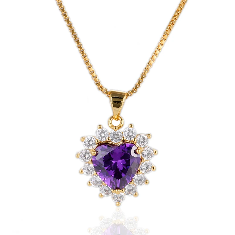 Luxury Zircon Heart Of The Ocean Pendant Necklace Gold Palted Purple