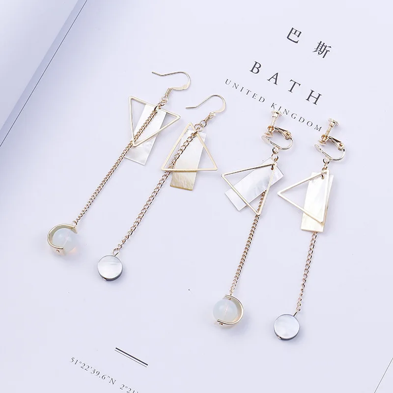 

2019 Korean Fashion Elegance triangle Clip On Earrings Asymmetric Shell Long Earring Without Pierced Boucle D'oreille Femme