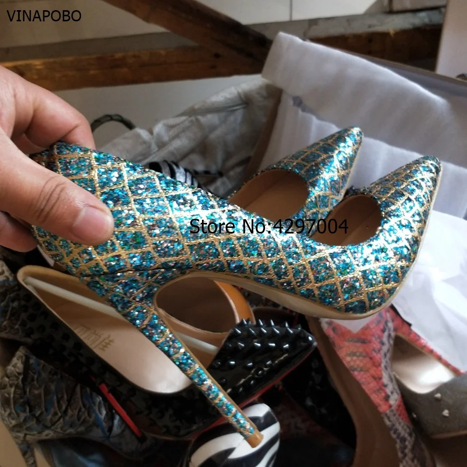 2018 New Pointed Toe Wedding Shoes Women Blue Gold Grid Bling Thin High Heels 8cm/10cm/12cm Genuine leather Shallow Party Pumps