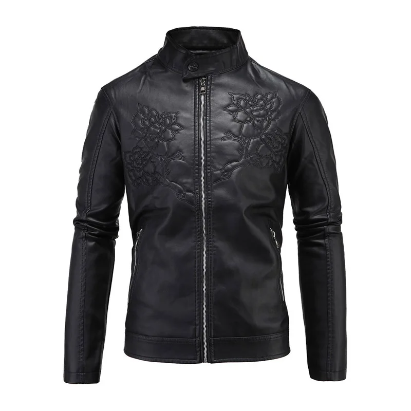 

Motorcycle Jacket New Retro Vintage PU Leather Jackets Motorsiklet Embossed Floral Leather Jaqueta Slim Fit Moto Jacket Punk