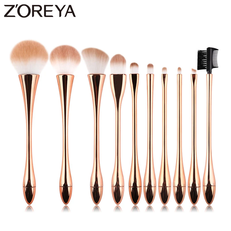 

Zoreya Brand 10pcs Rose Gold Luxury Makeup Brushes Set High Quality Synthetic Hair Large Powder Angled Brow Eye Shadow Brush Kit