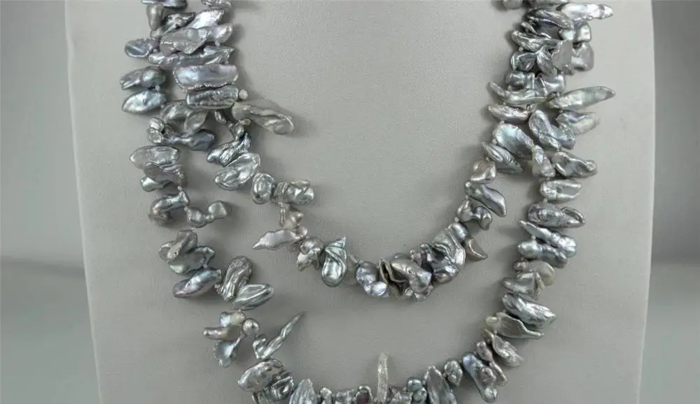

Gray Beautiful keshi reborn pearl long necklace 35 6x21mm no metal"handmade