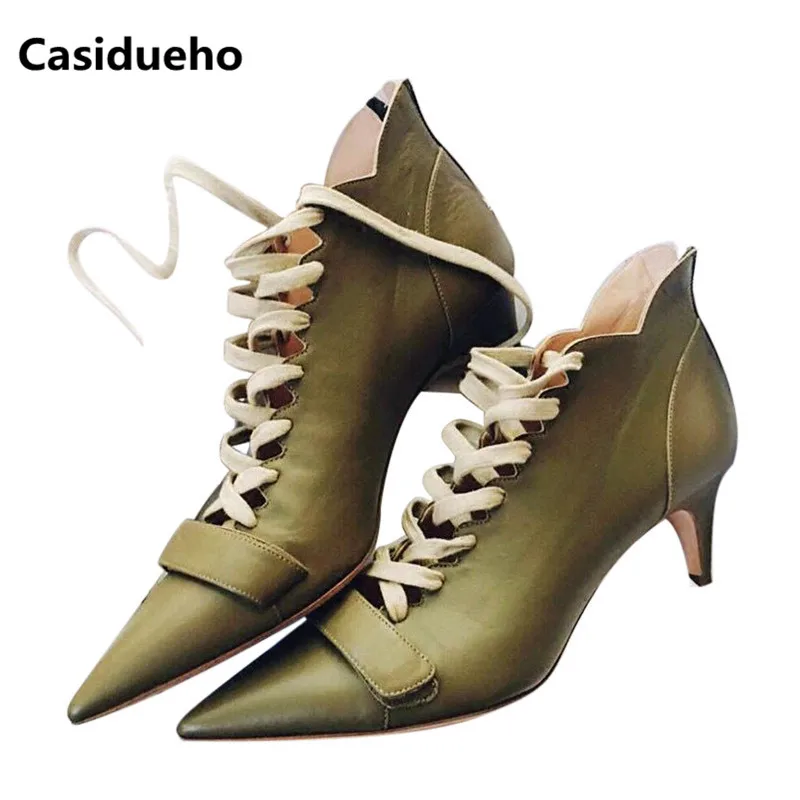 

Casidueho Women Ankle Boots Pointed Toe High Heels Shoes Woman Lace Up Short Booties Real Leather Sexy Women Pumps New Sandals