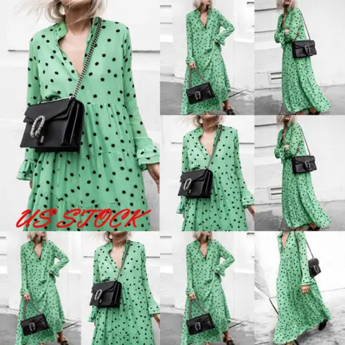 

Fashion Women Oversized Hot V Neck Long Sleeve Polka Dot Clubwear Maxi Casual Ruffles Dress