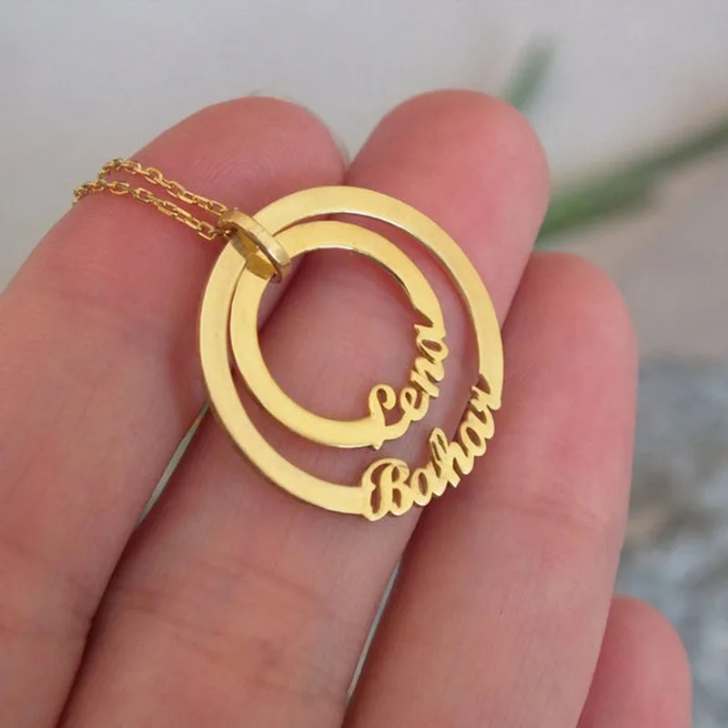 

Custom jewelry Gold Color Engraved Double Name Necklace Female Double Circles Necklaces Collares Custom Name Collar Mujer BFF