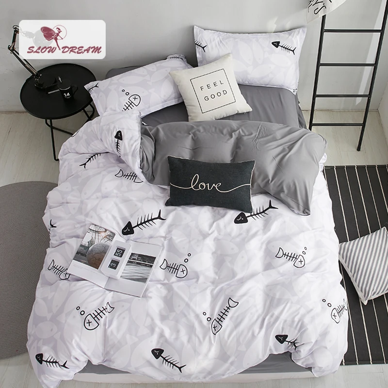 

SlowDream Beddong Set Nordic Home Textiles Lovely Fish Bone Bedspread Gray Flat Sheet Pillowcase 3/4PCS Bedclothes Duvet Cover