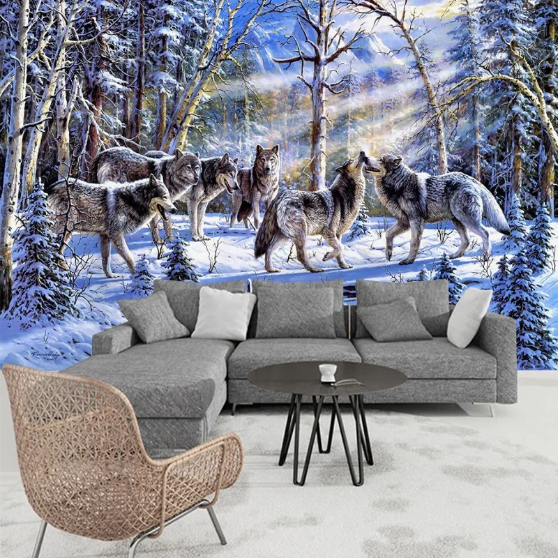 Custom photo wallpaper Beautiful snow wolves oil painting wallpaper