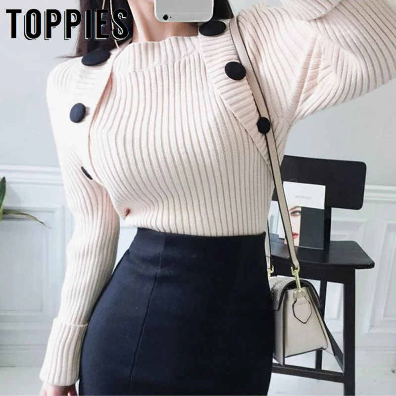 

2019 Autumn Roll Long Sleeve Sweater Women Slim Knitted Tops Office Lady Jumpers Korean Style Button Sweater