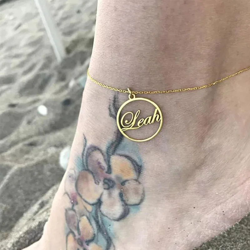 

Custom Ankle Bracelet Round Shape Name Anklet For Women Name Foot Chain Gold Custom Jewelry Circle Charm Barefoot Sandals