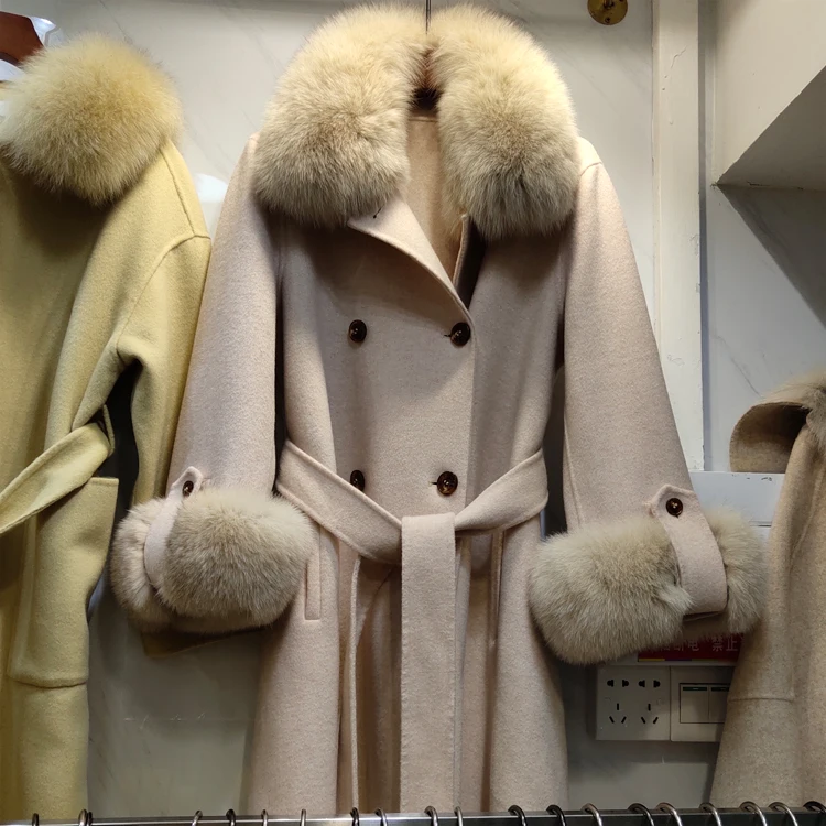Модное женское Шерстяное Пальто из ткани Albaka высокого качества, Воротник из натурального Лисьего меха, женские теплые зимние пальто для девочек, элегантные шикарные куртки
