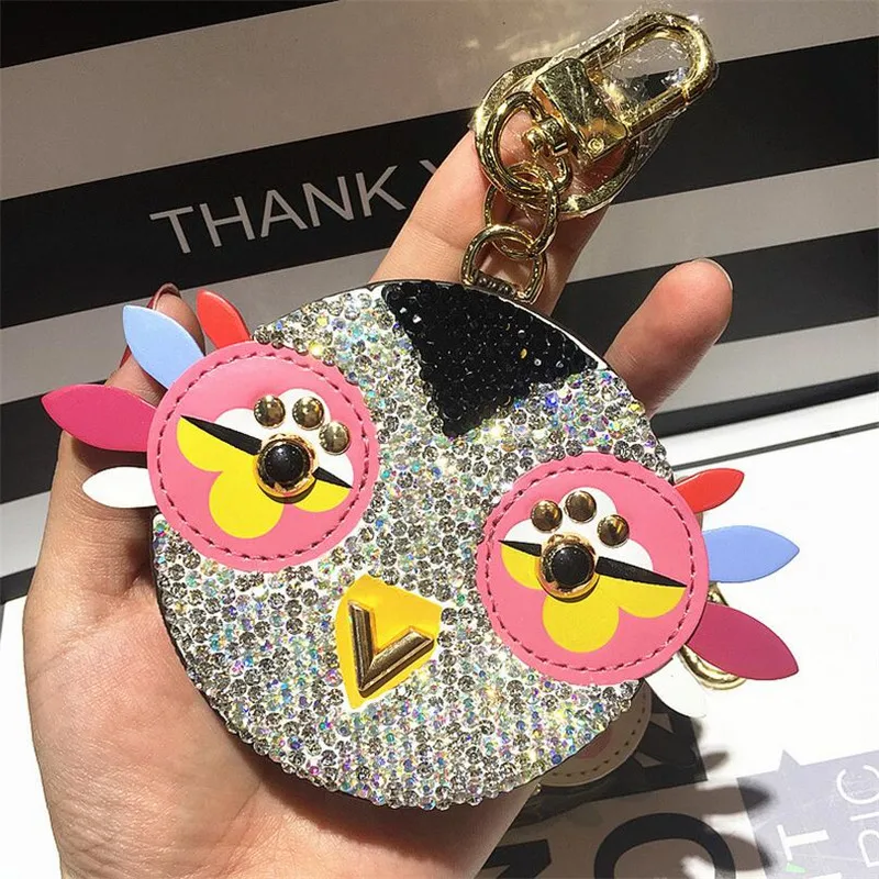 Luxury Cute Owl Keychain Full Rhinestone Crystal Keyring Car Fur Pom Pom Key Chain Women Key Holder Ring Bague Wholesale Gifts