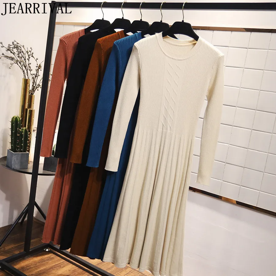 

New Winter Women Sweater Dress 2018 Fashion Long Sleeve Casual Slim Knitted Dress Elegant Female A-Line Midi Dresses Vestidos