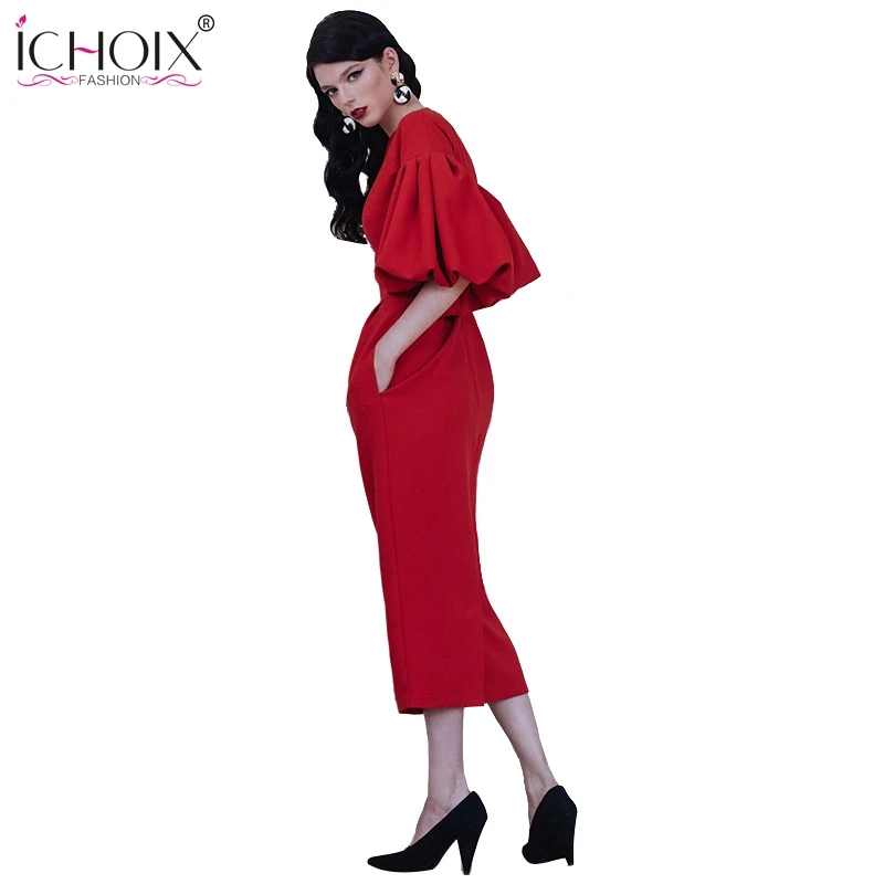 ICHOIX женское вечернее длинное платье с круглым вырезом и пышными рукавами, элегантные платья розового и красного цвета, женское офисное облегающее длинное платье на зиму и осень - Цвет: red