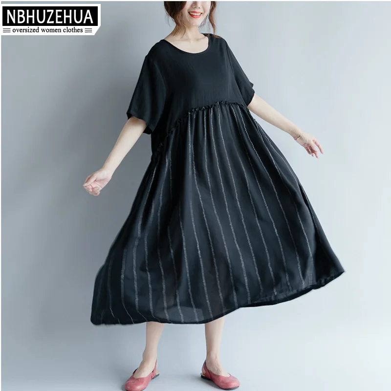 NBHUZEHUA 7G805 женское платье модель 3XL 4XL 5XL винтажное в полоску хлопковое льняное