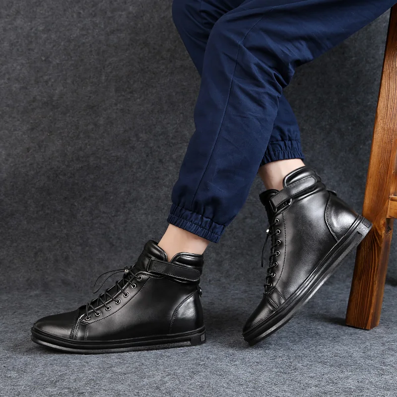 

BOLE Size 38-48 Genuine Leather Boots Spring Winter Two Style Lace Up Fashion Boots Plush Warm Snow Boots Waterproof Shoes Men