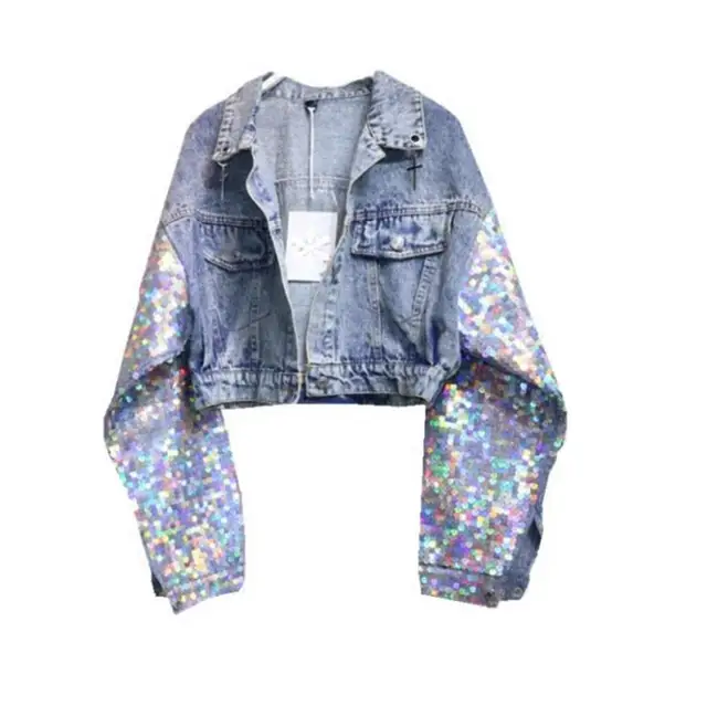 Fashion Sequin Denim Jacket New Autumn Bling Sequins Long Sleeves