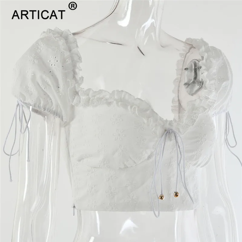 Женский топ с оборками Articat, короткий топ с кружевами, открытыми плечами и спиной, однотонный белый топик с глубоким вырезом, летний топ