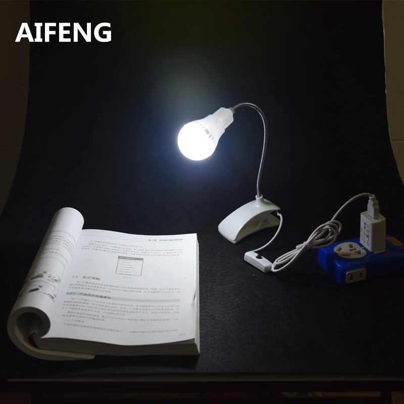 AIFENG портативная Светодиодная настольная лампа с питанием от usb dc 5 В 1A/2A, настольная лампа для учебы с клипсой, Гибкая Настольная лампа для чтения