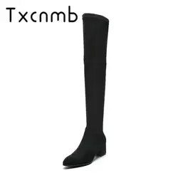 TXCNMB/пикантные Сапоги выше колена женские замшевые сапоги на высоком толстом каблуке осенне-зимняя женская обувь для вечеринок черного и