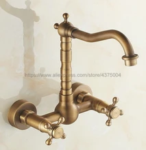 Special Price Antique Brass Wall Mounted Bathroom Sink Faucet Swivel Spout Bathtub Mixer Dual Cross Handles Nnf052
