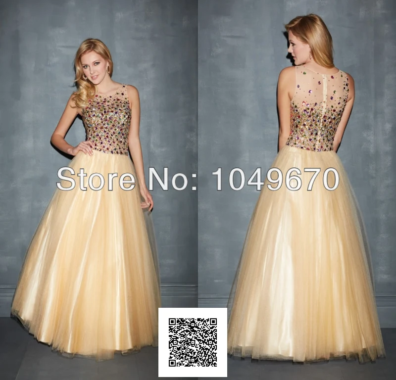 Trendy 2014 Spring Scoop Prom Dresses With Colorful Crystal Sheer Back Ball Gown Floor Length Masquerade Dress Party Girl N407 | Свадьбы и