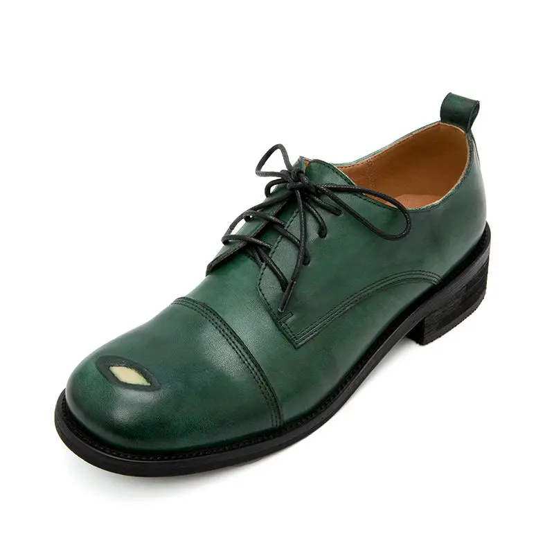 Женские туфли-оксфорды в стиле ретро; женские офисные туфли из натуральной кожи; Туфли-оксфорды на плоской подошве со шнуровкой; женские туфли в стиле дерби; большие размеры 34-40 - Цвет: Зеленый