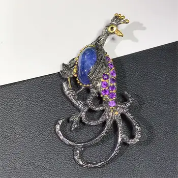 

Natural Tanzanite With Peacock Design Brooches In S925 Sterling Silver Breastpin Vintage Women Elegant Brooch Jewelry Gifts