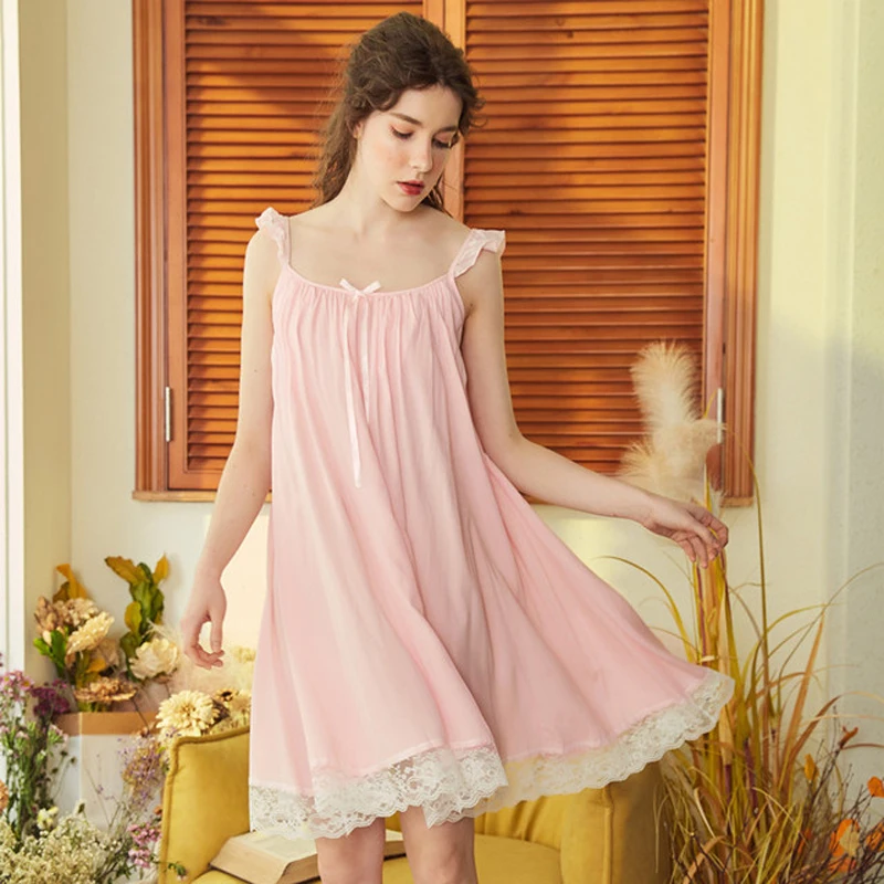 

Wasteheart Women Fashion Pink Blue Sexy Sleepwear Nightdress Lace Cotton Nightwear Sleepshirts Nightgown Sleepwear Luxury Female