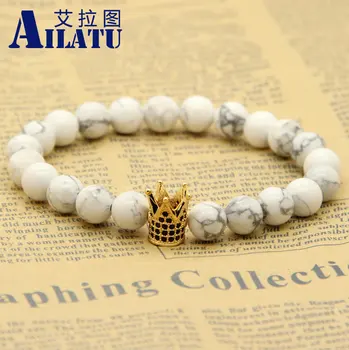 

Ailatu 10pcs/lot White Howlite Marble Stone Beads Micro Inlay Black CZ Beads Crown Mens Bracelets