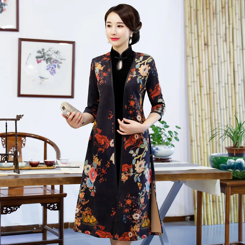 

2019 New Fashion Qipao 2 Piece Set Classic Woman Sexy Slim Dresses Handmade Button Velvet Cheongsam Size M L XL XXL XXXL