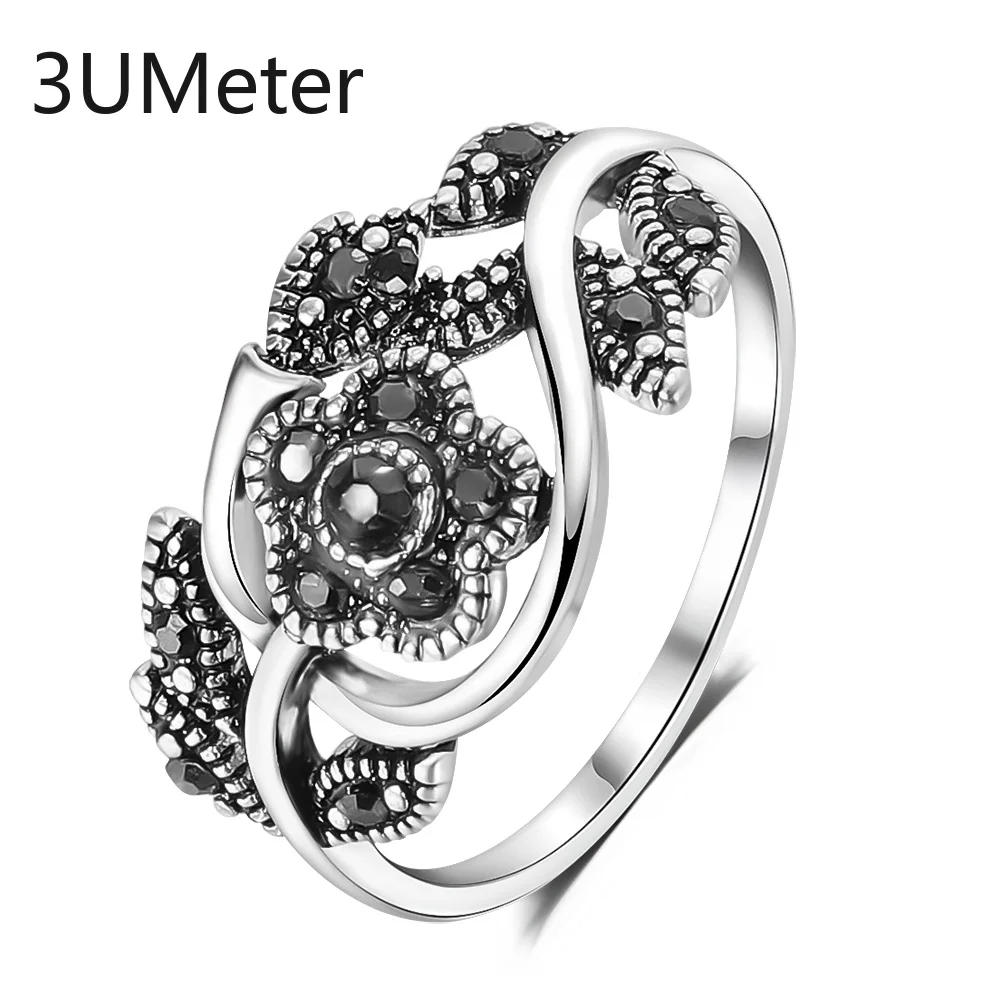 

3UMeter 2019 New Vintage Ring for Women Rhinestone Ring Flower Leaf Ring Ancient Silver Metal Ring Mothe's Day Gift