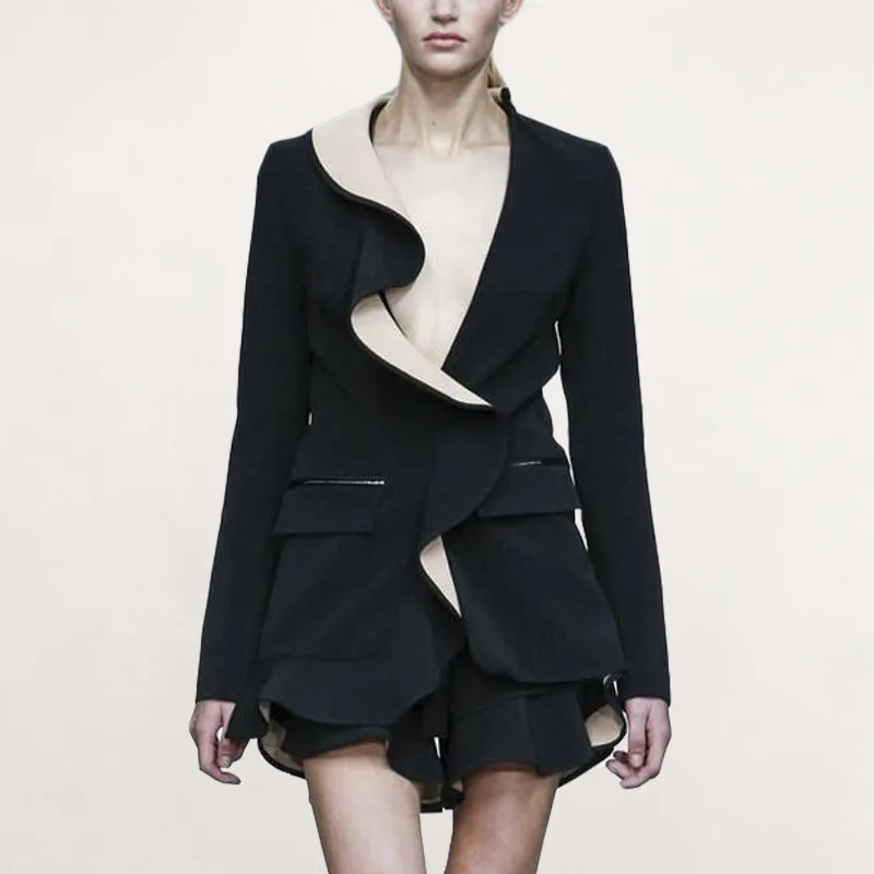 

New Spring Sexy V-collar Long-sleeved Personality Ruffles Patchwork Blazer Coat Office Lady Runway Fashion Tops