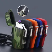 USB Waterproof Electric Plasma Lighter Camouflage With Flashlight Outdoor Double Arc Pulse Lighter Windproof USB Lighter NEW