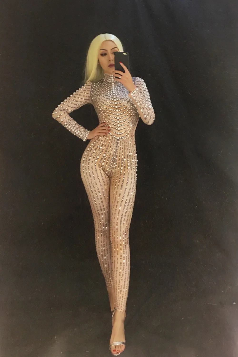Women New Sexy Jumpsuit Full Of Sparkling Pearl Crystals Nightclub